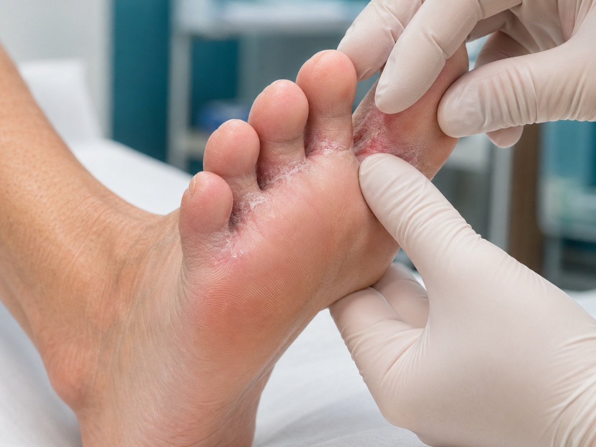 Descamación entre los dedos del pie compatible con pie de atleta