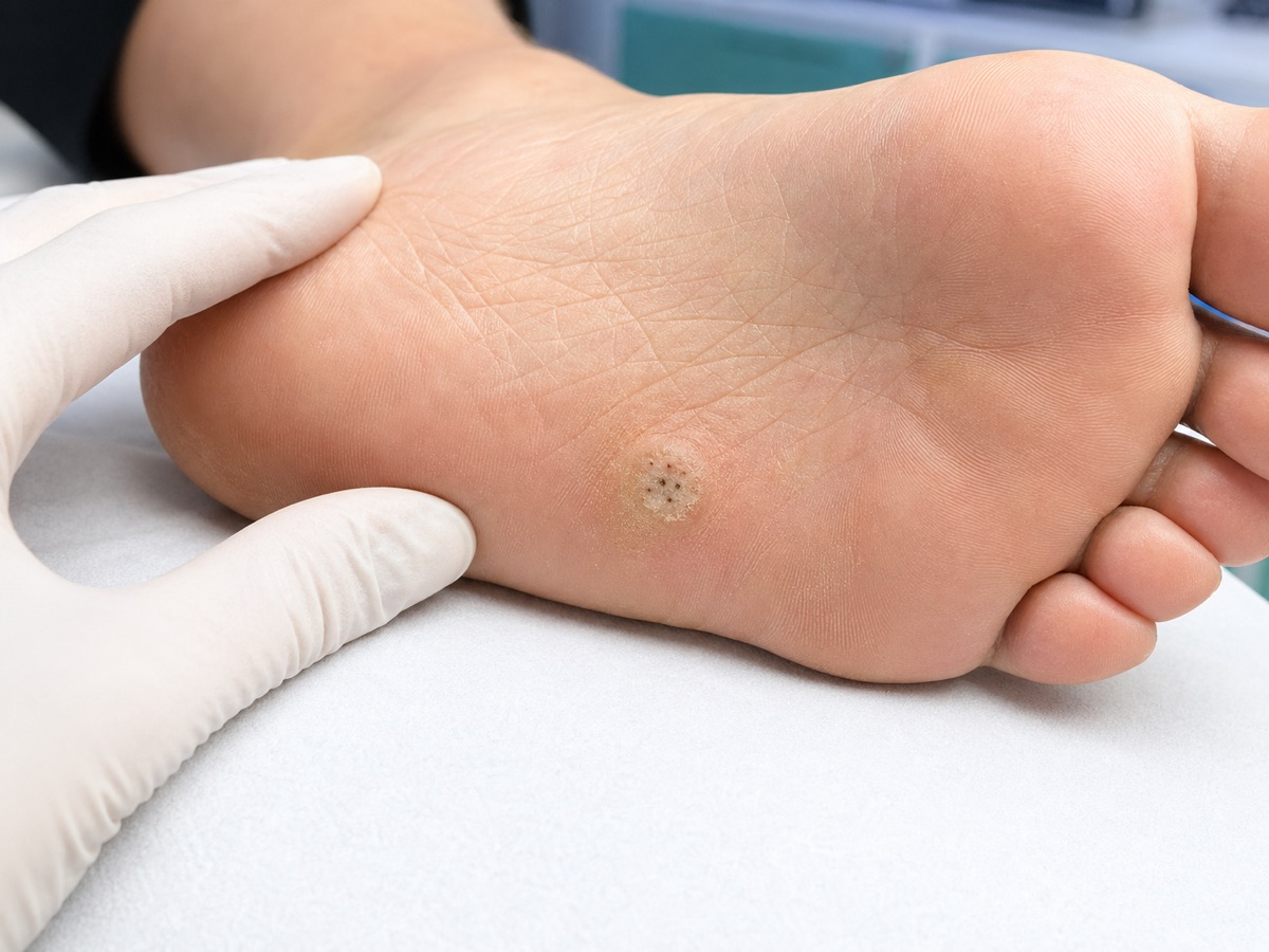 Verruga plantar pequeña en la planta del pie